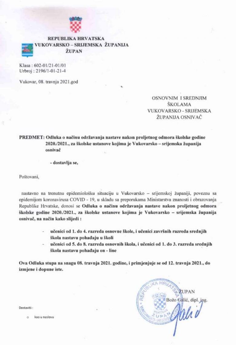 Nastava u osnovnim i srednjim školama u kojima je osnivač Vukovarsko-srijemska županija od ponedjeljka 12. travnja 2021 god. održavati će se po modelu C